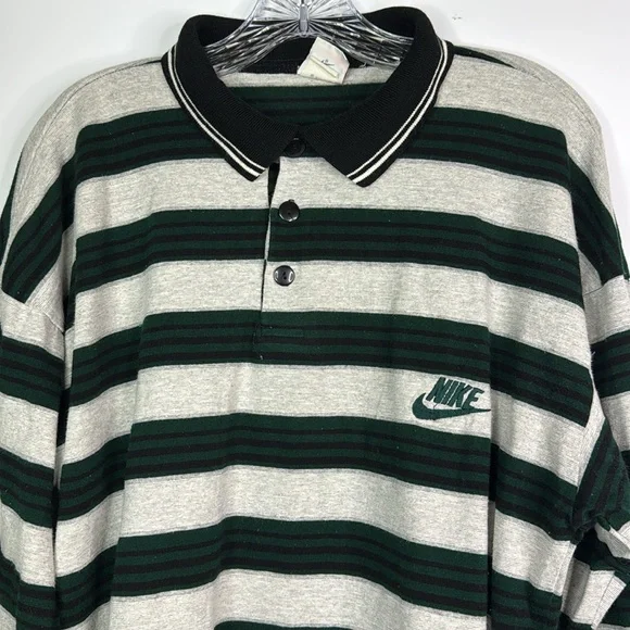 Vintage Nike Green Gray Black Striped Long Sleeve Polo Rugby Shirt XL 90s - Picture 2 of 10